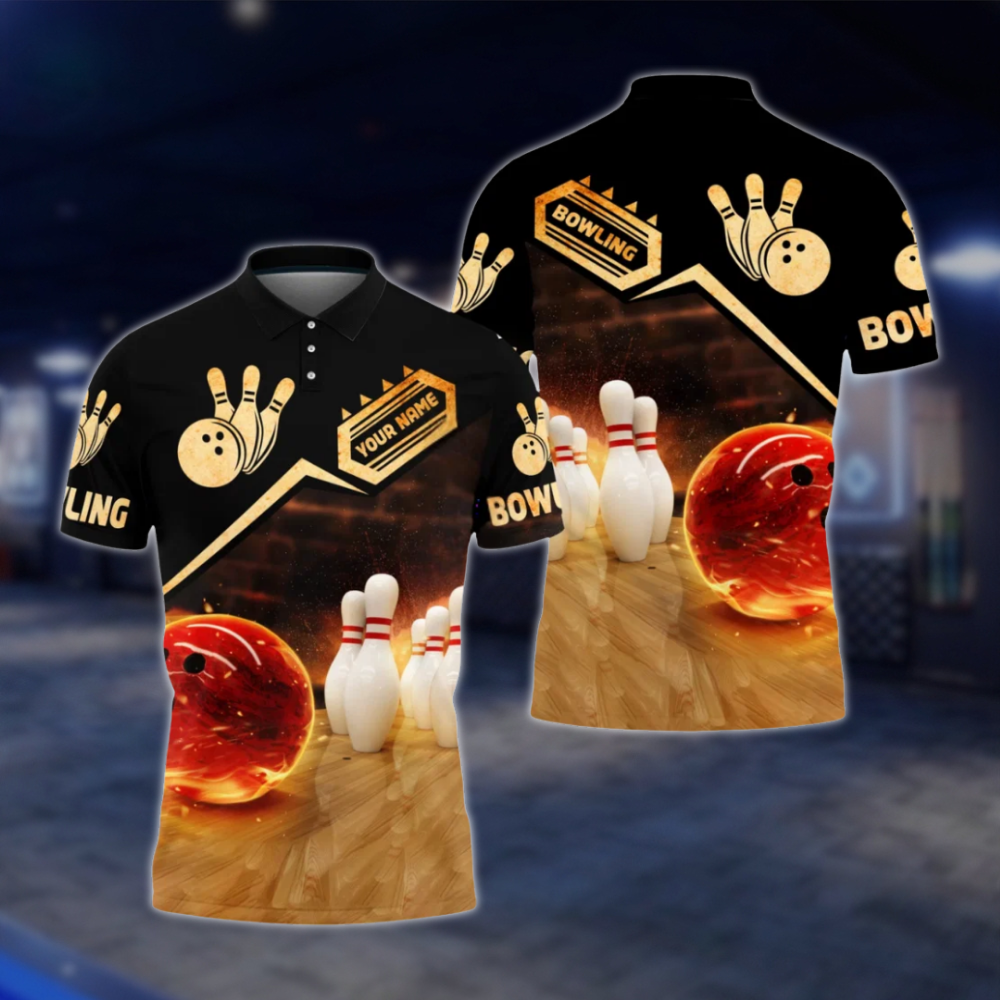 Personalized Flame Ball Bowling Mens Polo Shirt Black Gold, Custom Bowling Team Shirt BZ0801