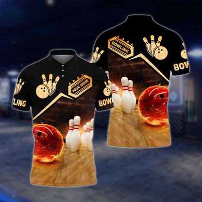 Personalized Flame Ball Bowling Mens Polo Shirt Black Gold, Custom Bowling Team Shirt BZ0801