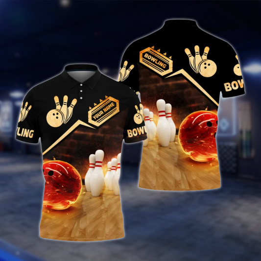 Personalized Flame Ball Bowling Mens Polo Shirt Black Gold, Custom Bowling Team Shirt BZ0801