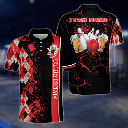 Custom Beer Argyle Bowling Polo Shirt For Mens, Black And Red Custom Beer Bowling Team Shirts BZ0094