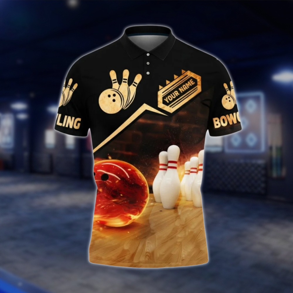 Personalized Flame Ball Bowling Mens Polo Shirt Black Gold, Custom Bowling Team Shirt BZ0801
