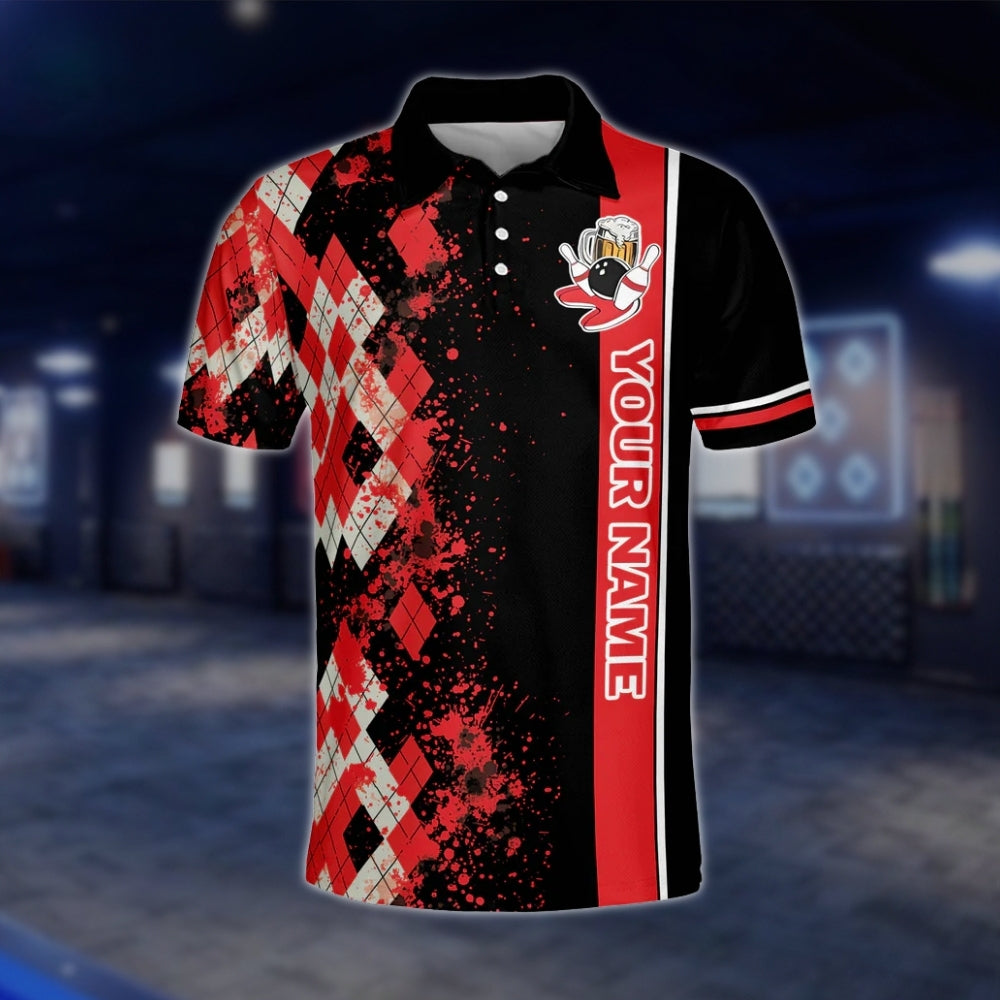 Custom Beer Argyle Bowling Polo Shirt For Mens, Black And Red Custom Beer Bowling Team Shirts BZ0094