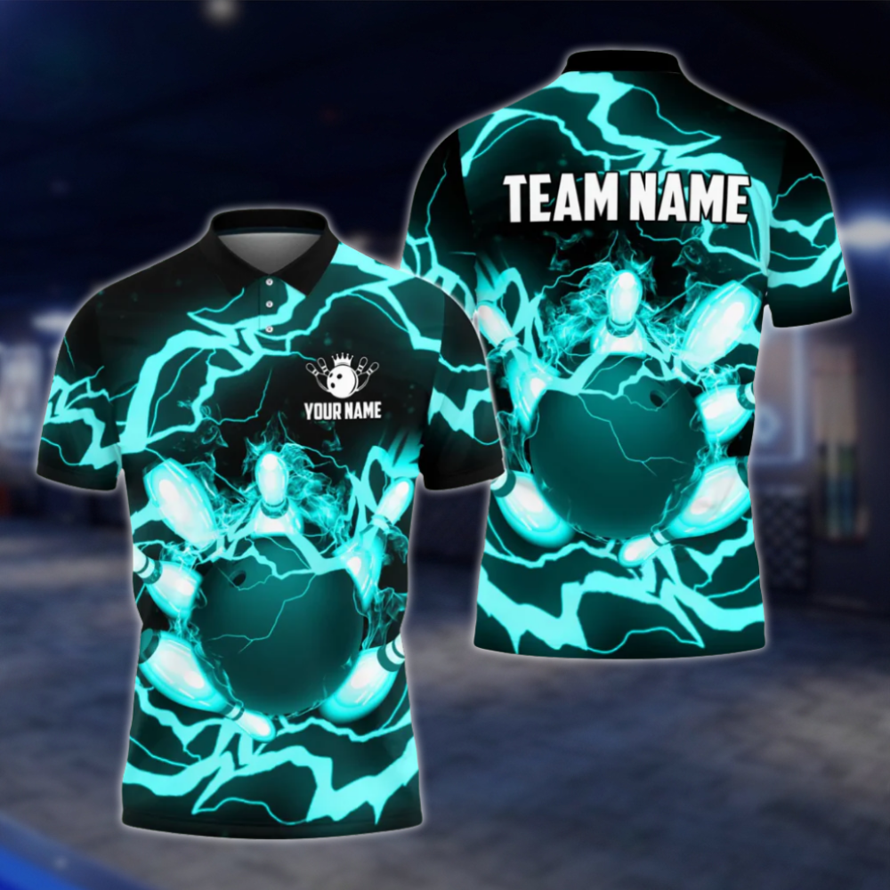 Custom Flame Thuder Men's Blue Bowling Polo Shirt, Custom Flame Bowling Shirts For Team BO0359