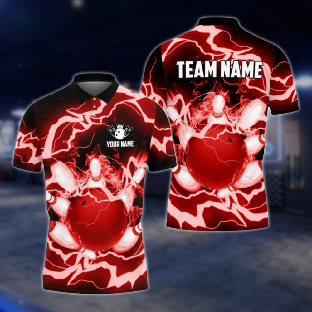 Custom Flame Thuder Men's Blue Bowling Polo Shirt, Custom Flame Bowling Shirts For Team BO0359