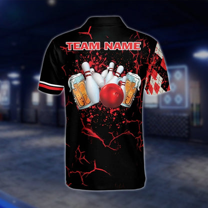 Custom Beer Argyle Bowling Polo Shirt For Mens, Black And Red Custom Beer Bowling Team Shirts BZ0094