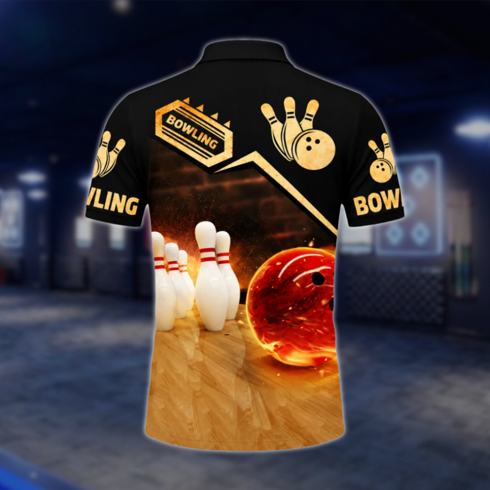 Personalized Flame Ball Bowling Mens Polo Shirt Black Gold, Custom Bowling Team Shirt BZ0801