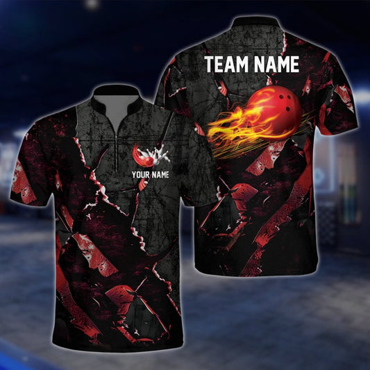 Custom Fire Ball Black Red Bowling Jersey For Mens, Custom Team Flame Bowling Shirts BZ0093