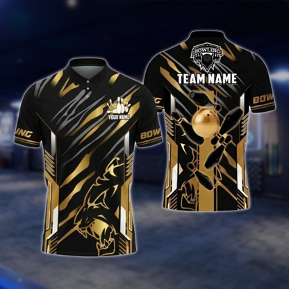 Personalized Black Gold Bowling Team Polo Shirt For Men, Custom Team Bowling Shirt BZ0802