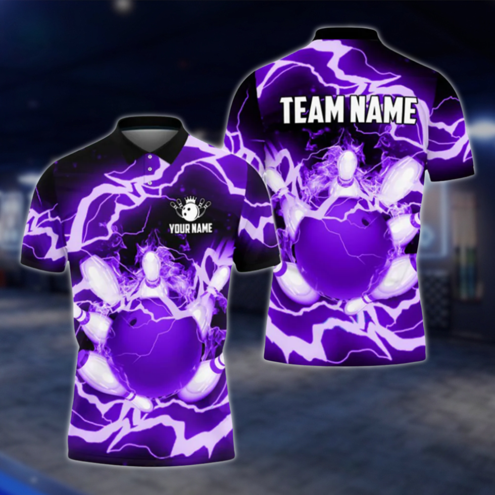 Custom Flame Thuder Men's Blue Bowling Polo Shirt, Custom Flame Bowling Shirts For Team BO0359