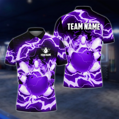 Custom Flame Thuder Men's Blue Bowling Polo Shirt, Custom Flame Bowling Shirts For Team BO0359