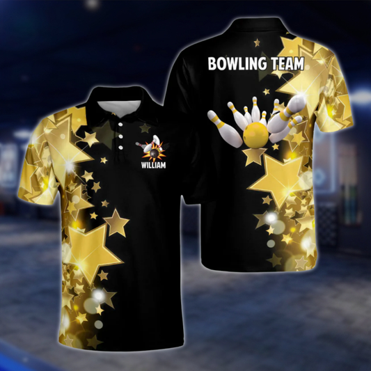 Custom Star Yellow Black Mens Bowling Polo Shirt, Custom Team Bowling Shirts BZ0167