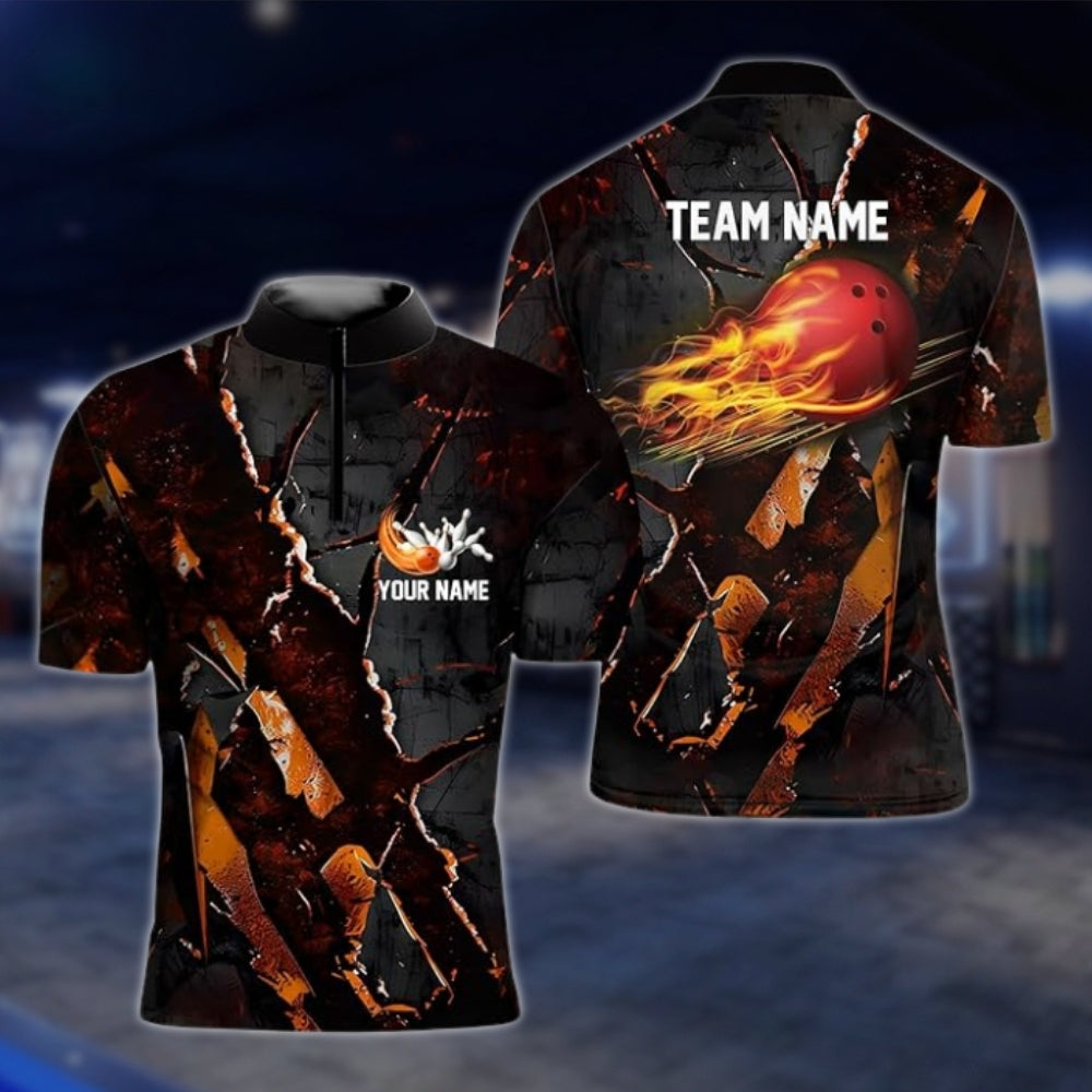 Custom Fire Ball Black Red Bowling Jersey For Mens, Custom Team Flame Bowling Shirts BZ0093