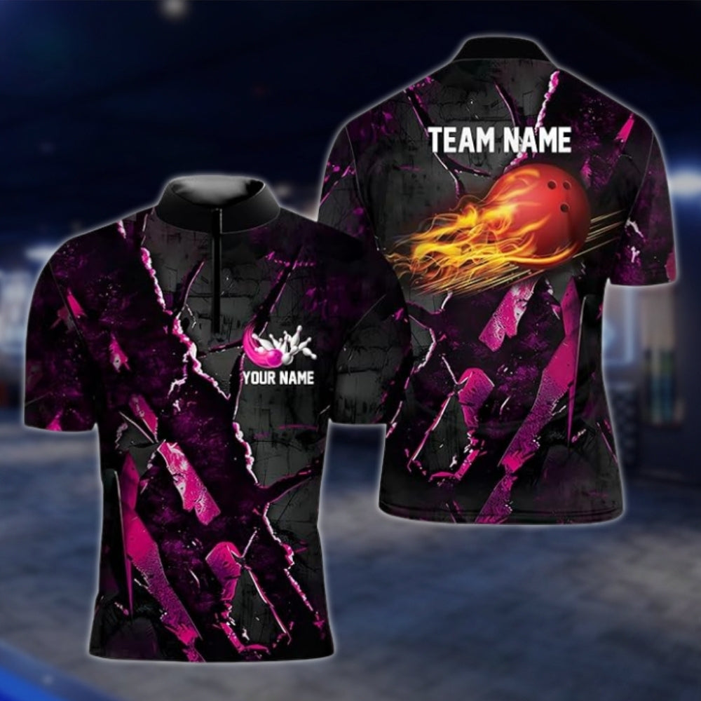 Custom Fire Ball Black Red Bowling Jersey For Mens, Custom Team Flame Bowling Shirts BZ0093