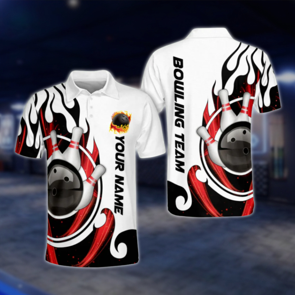 Personalised Men's White Blue Flame Bowling Polo Shirts, Custom Flame Bowling Team Shirts BM0279