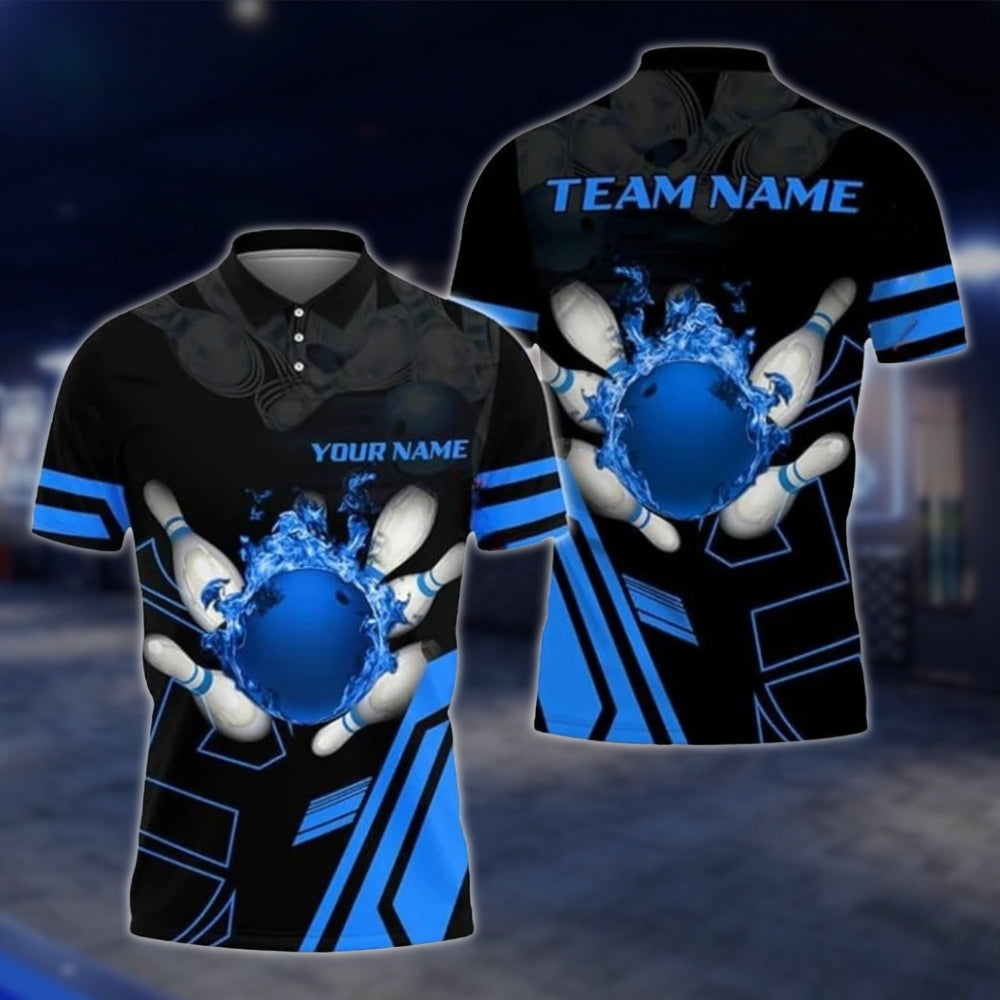 Custom Flame Blue Black Bowling Polo Shirt For Mens, Custom Flame Bowling Team Shirts BZ0187