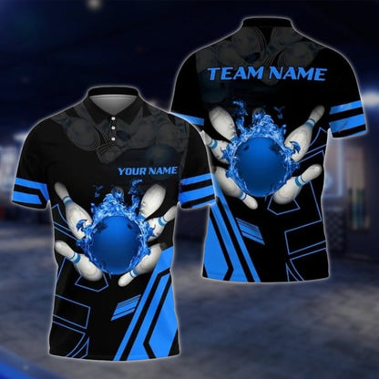 Custom Flame Blue Black Bowling Polo Shirt For Mens, Custom Flame Bowling Team Shirts BZ0187