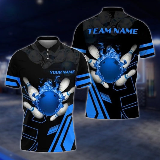 Custom Flame Blue Black Bowling Polo Shirt For Mens, Custom Flame Bowling Team Shirts BZ0187