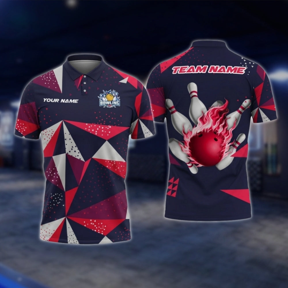 Personalized Geometric Polo Bowling Team Shirts For Men, White And Red Custom Bowling Shirts BZ0732