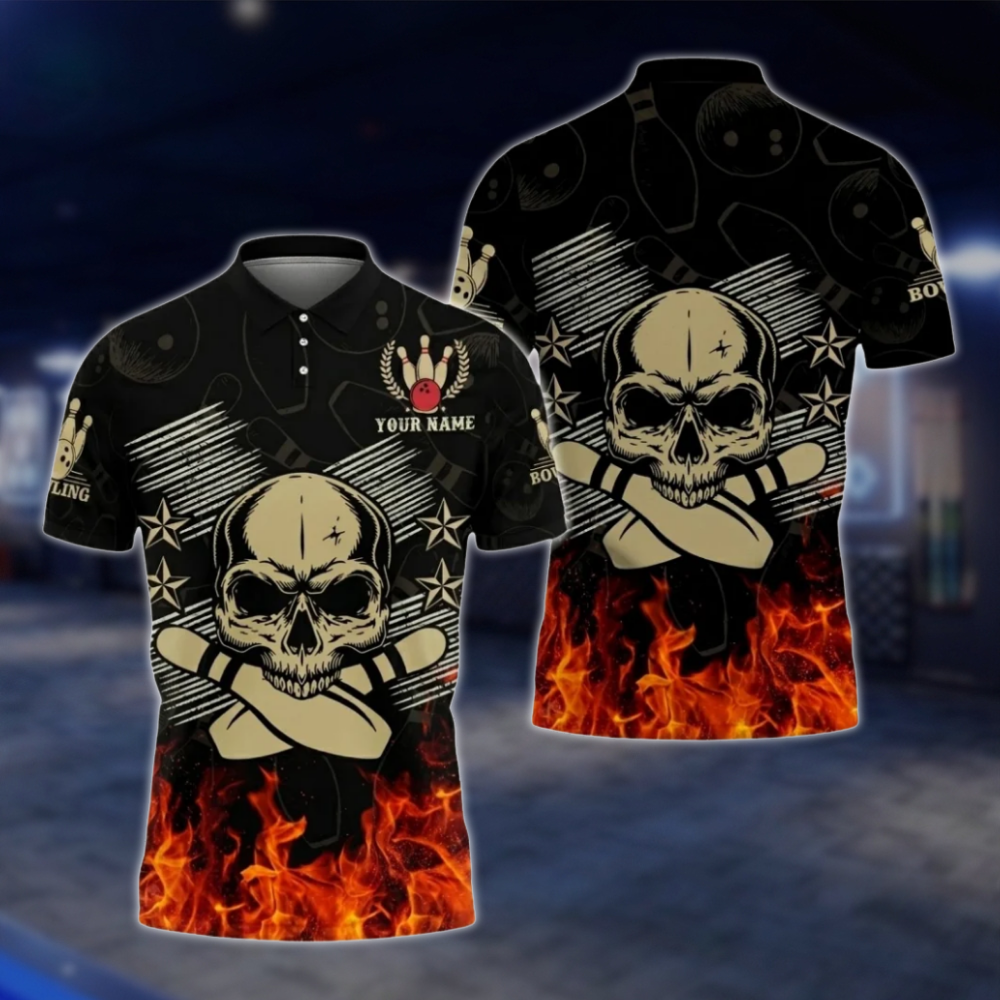 Personalized Skull Flaming Bowling Mens Polo Shirt, Custom Skull Bowling Shirt BZ0769