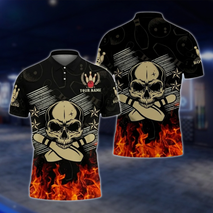 Personalized Skull Flaming Bowling Mens Polo Shirt, Custom Skull Bowling Shirt BZ0769