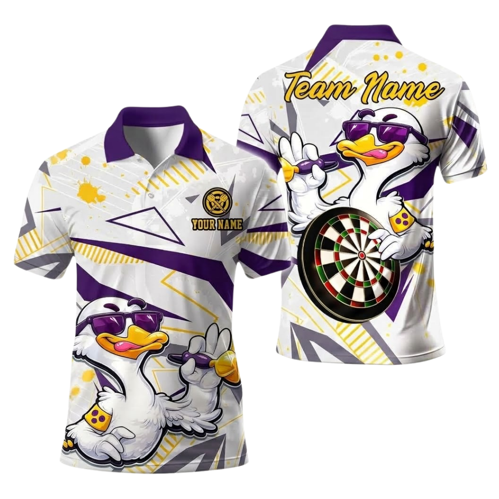 Duck Funny Men's White Purple Personalized Darts Button Polo