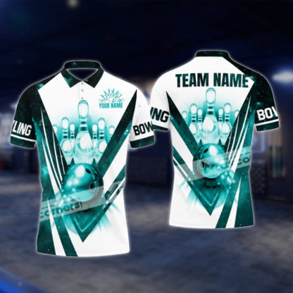 Custom Team Blue White Mens Bowling Polo Shirt, Custom Bowling Team Shirts BA0021