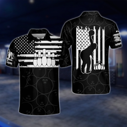 Custom USA Flag Black White Bowling Polo Shirt For Mens, Custom Patriotic Bowling Shirts BM0069