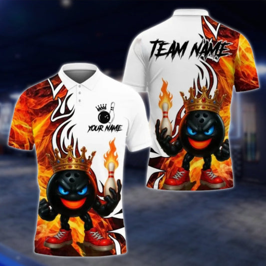 King Balll Fire Custom Mens Bowling Polo Shirt, Custom Flame Bowling Team Shirts BE0128