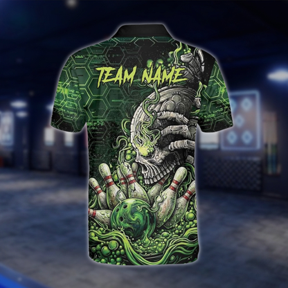 Personalized Mens Skull Green Bowling Polo Shirt, Custom Skull Team Bowling Shirt BZ0922