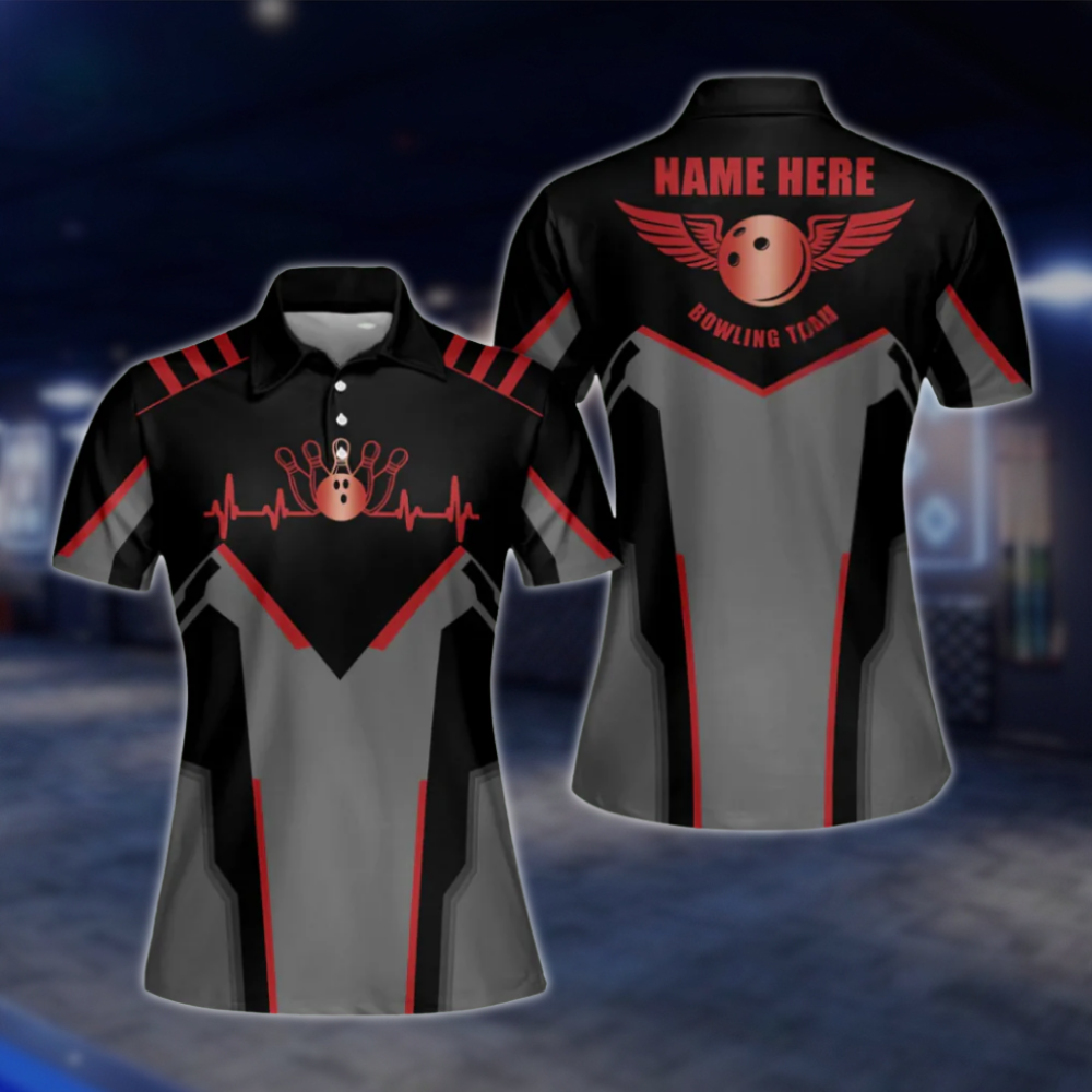 Custom Womens Team Bowling Polo Shirt Black And Red, Custom Bowling Team Shirts BW0127