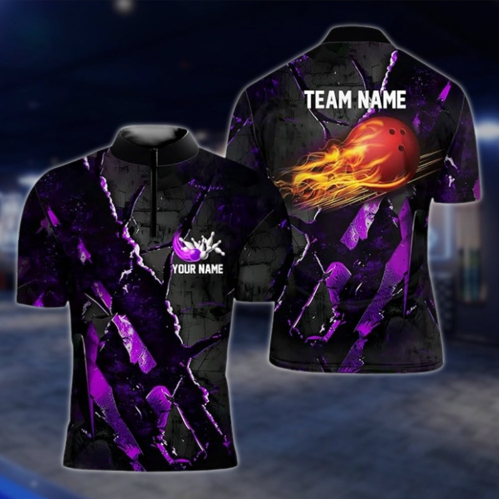 Custom Fire Ball Black Red Bowling Jersey For Mens, Custom Team Flame Bowling Shirts BZ0093
