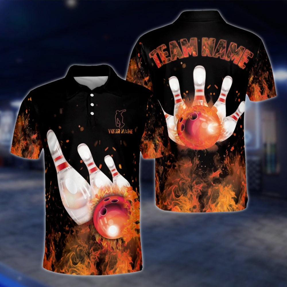 Custom Flaming Blue Bowling Polo Shirt For Men, Custom Team Flame Bowling Shirts BZ0090