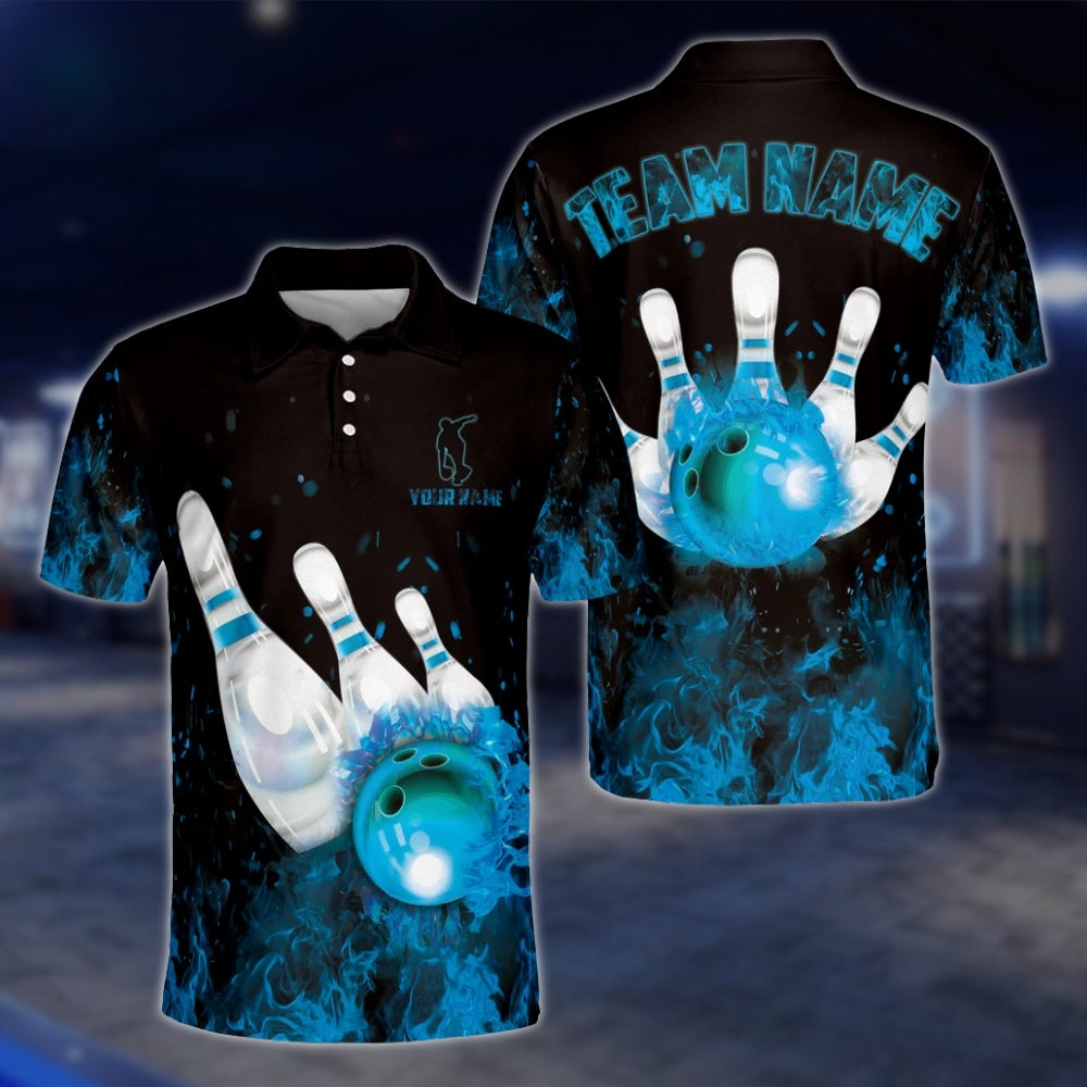 Custom Flaming Blue Bowling Polo Shirt For Men, Custom Team Flame Bowling Shirts BZ0090