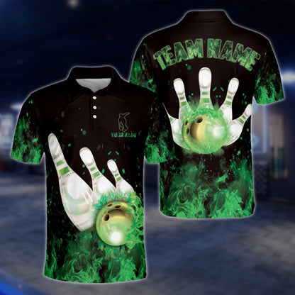 Custom Flaming Blue Bowling Polo Shirt For Men, Custom Team Flame Bowling Shirts BZ0090