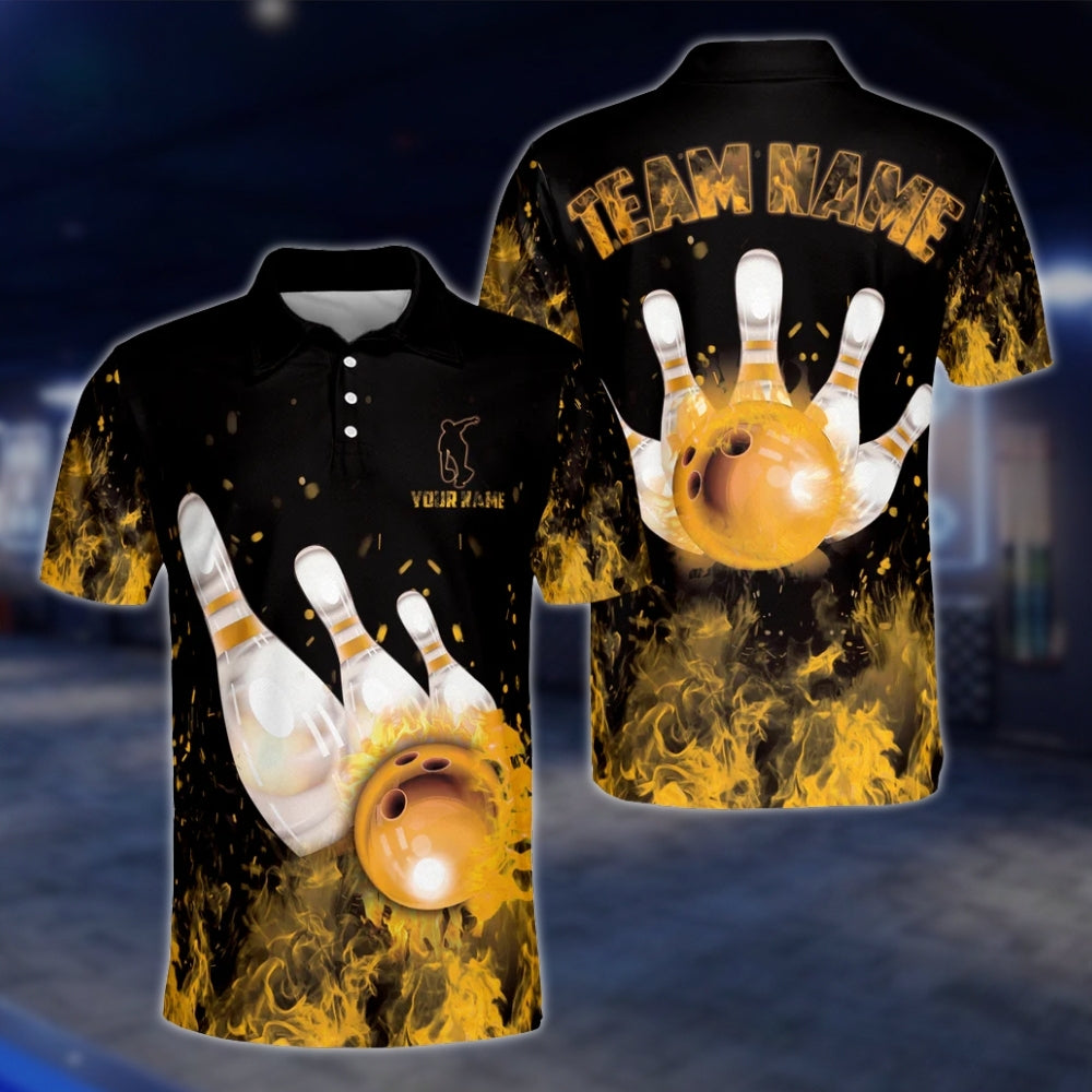 Custom Flaming Blue Bowling Polo Shirt For Men, Custom Team Flame Bowling Shirts BZ0090