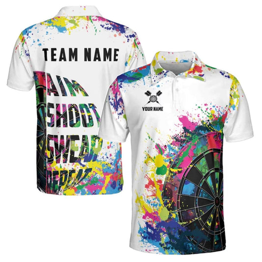 Aim Shoot Swear Repeat Colorful Men Personalized Darts Button Polo — Design 02