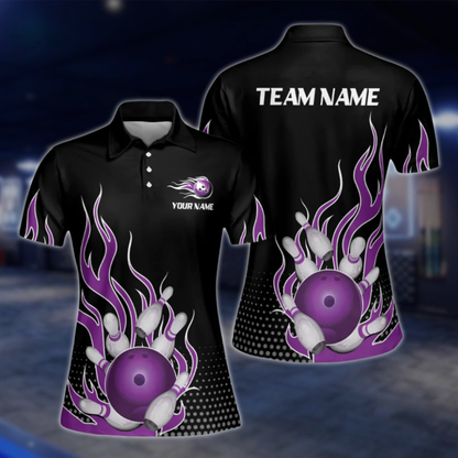Custom Flame Purple Bowling Polo Shirt For Mens, Custom Flame Bowling Shirts For Team BZ0135