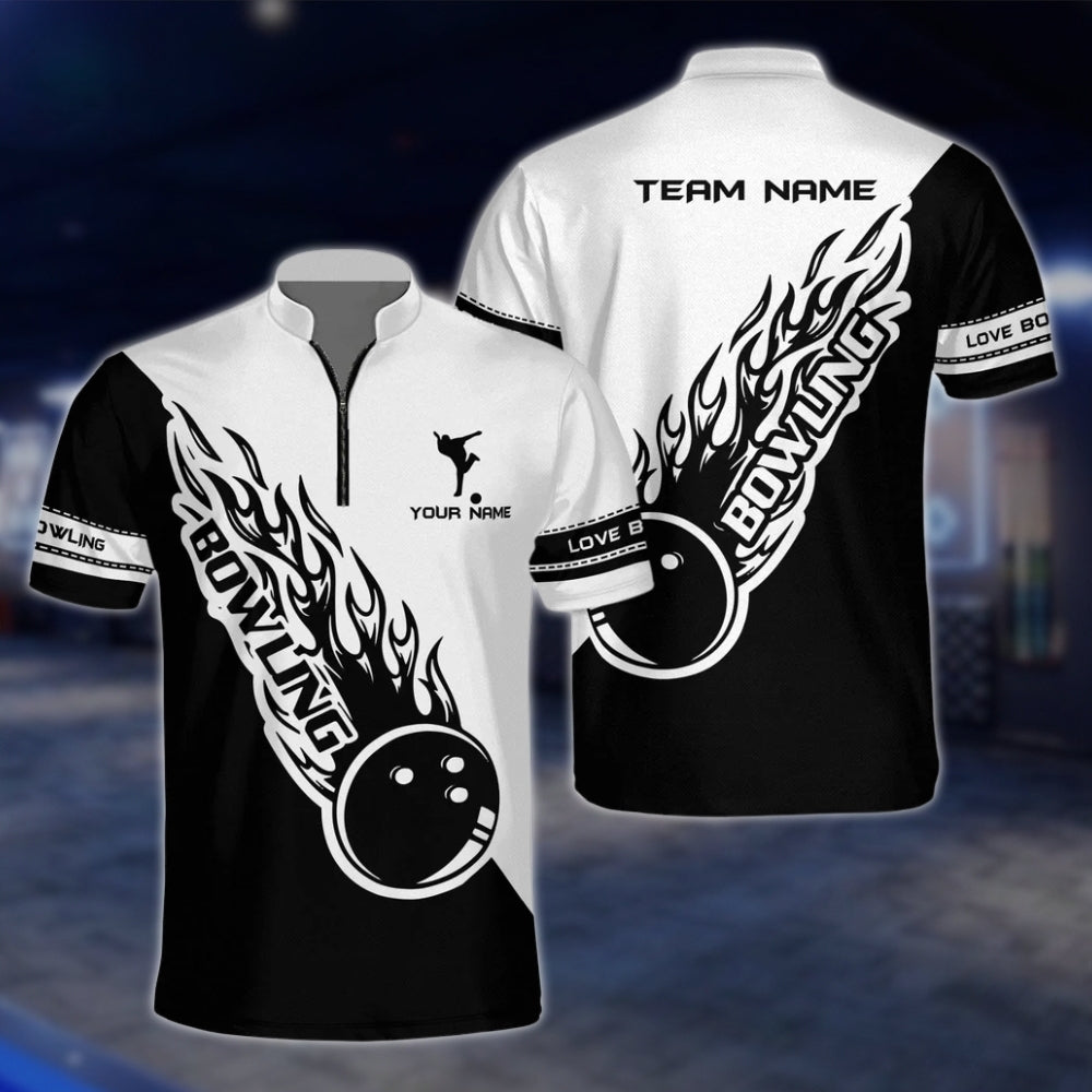 Flaming Balll Black And White Custom Bowling Mens Jersey, Custom Flame Bowling Team Shirts BZ0083