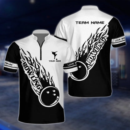 Flaming Balll Black And White Custom Bowling Mens Jersey, Custom Flame Bowling Team Shirts BZ0083