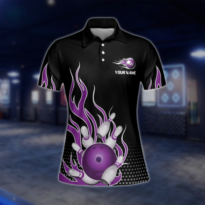 Custom Flame Purple Bowling Polo Shirt For Mens, Custom Flame Bowling Shirts For Team BZ0135
