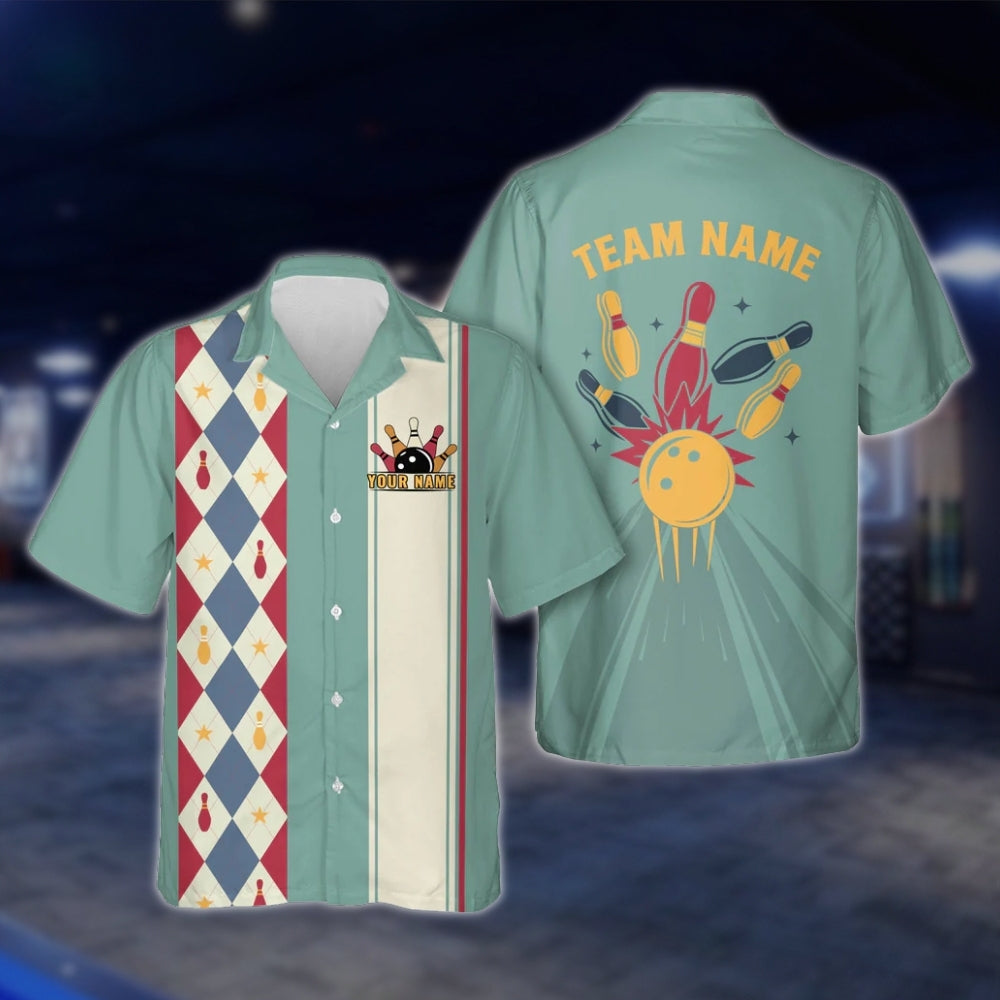 Custom Argyle Mint Bowling Hawaiian Shirt Men Women, Custom Retro Argyle Bowling Team Shirts BE0068