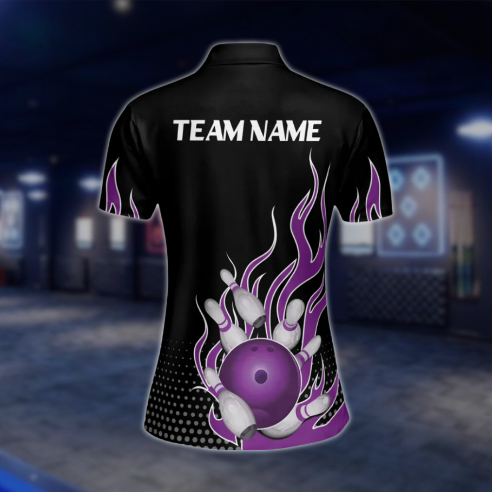 Custom Flame Purple Bowling Polo Shirt For Mens, Custom Flame Bowling Shirts For Team BZ0135