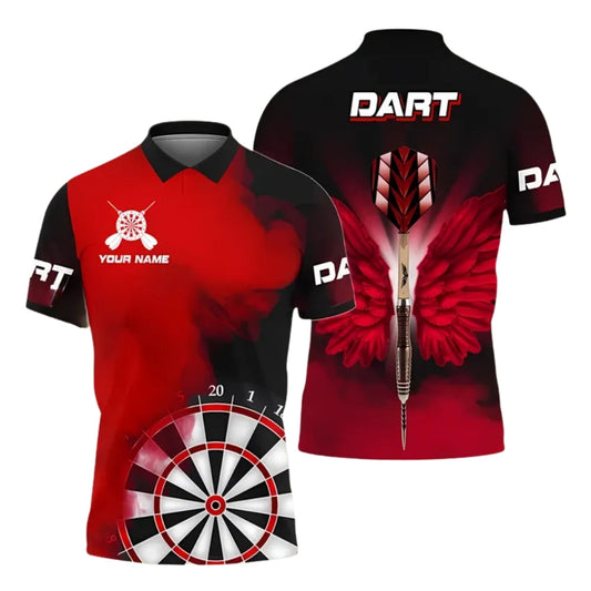 Black and Red Smoke Wings Mens Personalized Darts Button Polo