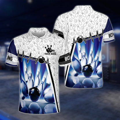 Custom Name Blue White Bowling Polo Shirt For Men, Custom Bowling Shirts BZ0057
