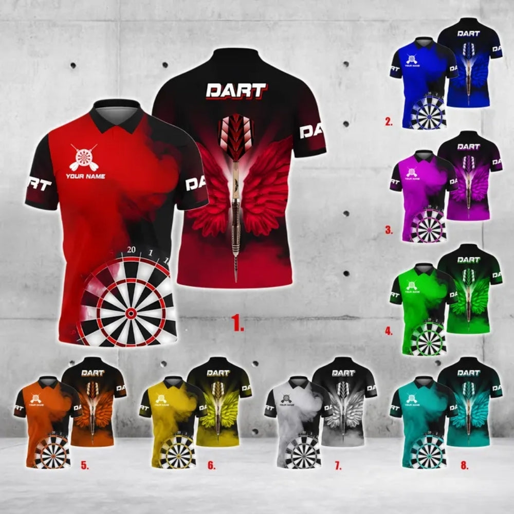 Black and Red Smoke Wings Mens Personalized Darts Button Polo