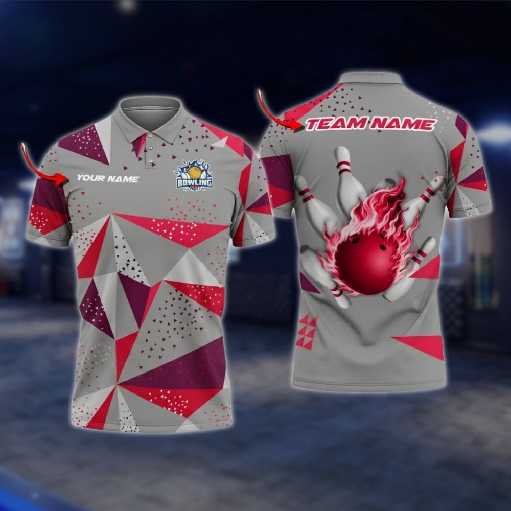 Personalized Geometric Polo Bowling Team Shirts For Men, White And Red Custom Bowling Shirts BZ0732