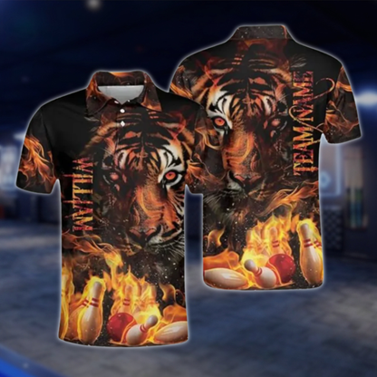 Personalised Tiger Bowling Polo Shirts For Men, Custom Tiger Flame Bowling Team Shirts BZ0326