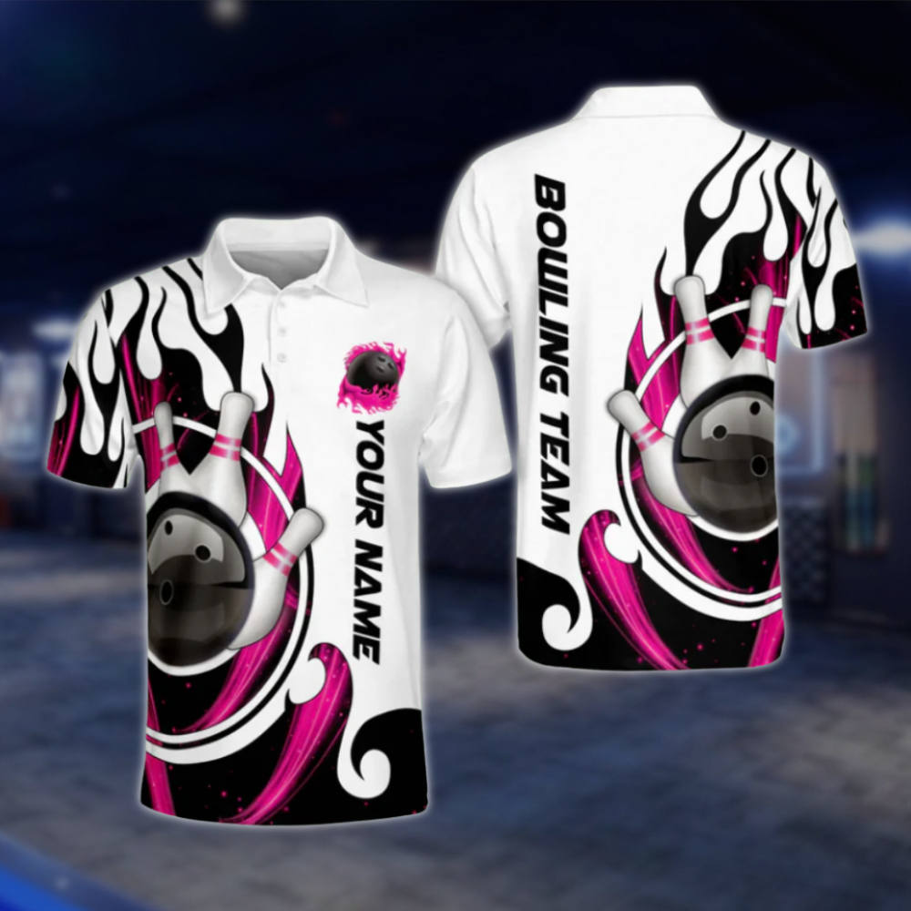 Personalised Men's White Blue Flame Bowling Polo Shirts, Custom Flame Bowling Team Shirts BM0279