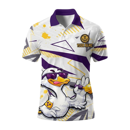 Duck Funny Men's White Purple Personalized Darts Button Polo