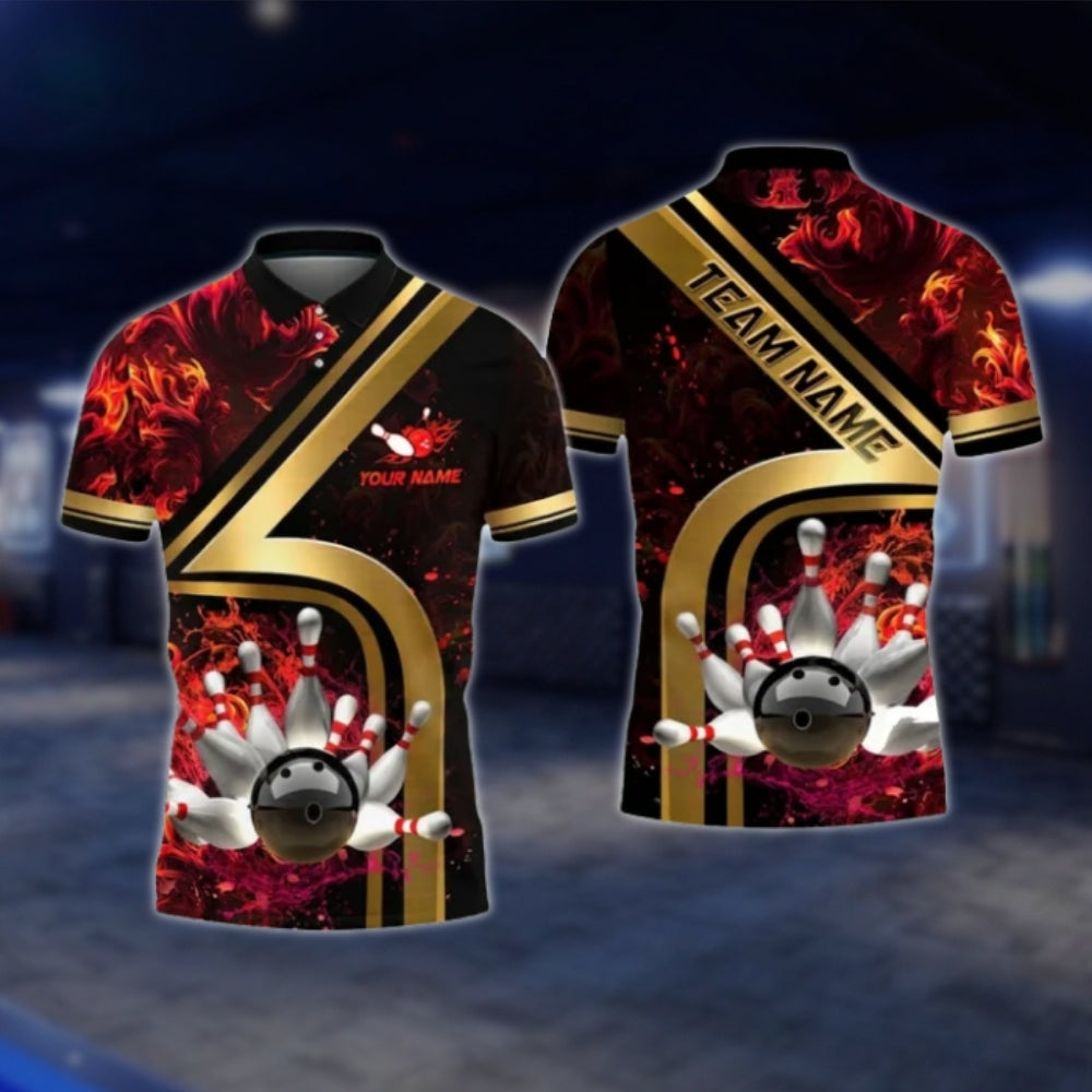 Custom Flame Gold Red Bowling Polo Shirt For Mens, Custom Team Flame Bowling Shirts BO0418